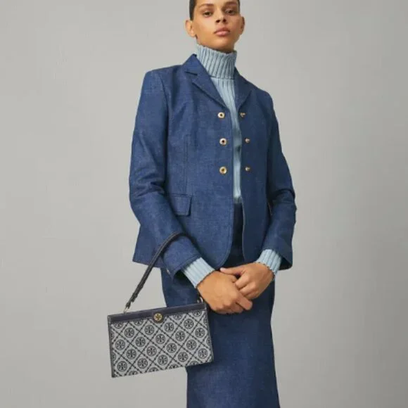 NWT! NEW! Tory Burch T Monogram Jacquard Mini Pouchette Navy 2 in 1 Shoulder Bag - Picture 2 of 16